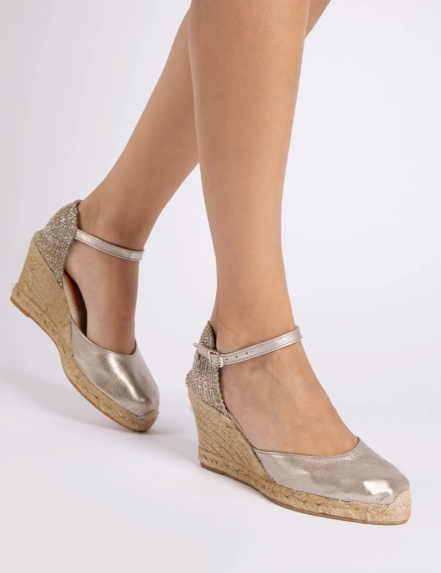 Penelope Chilvers High Mary Jane Metallic Leather Espadrille Champagne Online